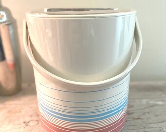 Vintage Ice Bucket by Phoenix, Mauve and Blue Stripes, with Original Tongs