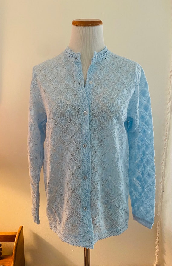 Vintage Cardigan Sweater, Powdee Blue Lacey Design