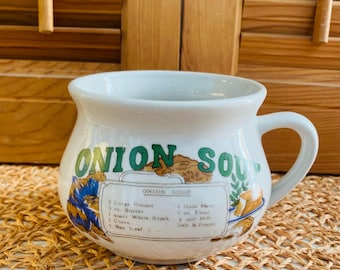 Vintage Soup Mug, Onion Soup Recipe, Vegetable Graphics, Ceramic,  Made in Japan