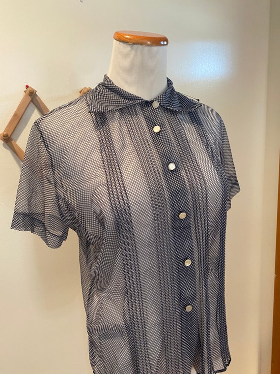 Vintage Blouse, Sheer Navy and White Button  Down… - image 3