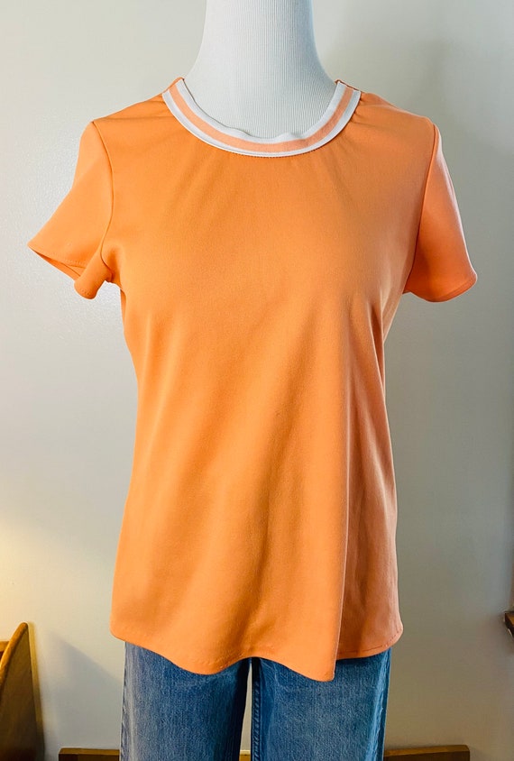 Vintage Polyester Tee,  1970s Top, Tangerine, NPC Fashions
