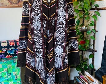 Vintage Poncho, Tribal Print, Brown with Fringe