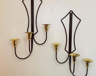 Vintage  Candle Sconces Pair,  Candelabra, Vinyl Coated Metal, Brass-Like Holders