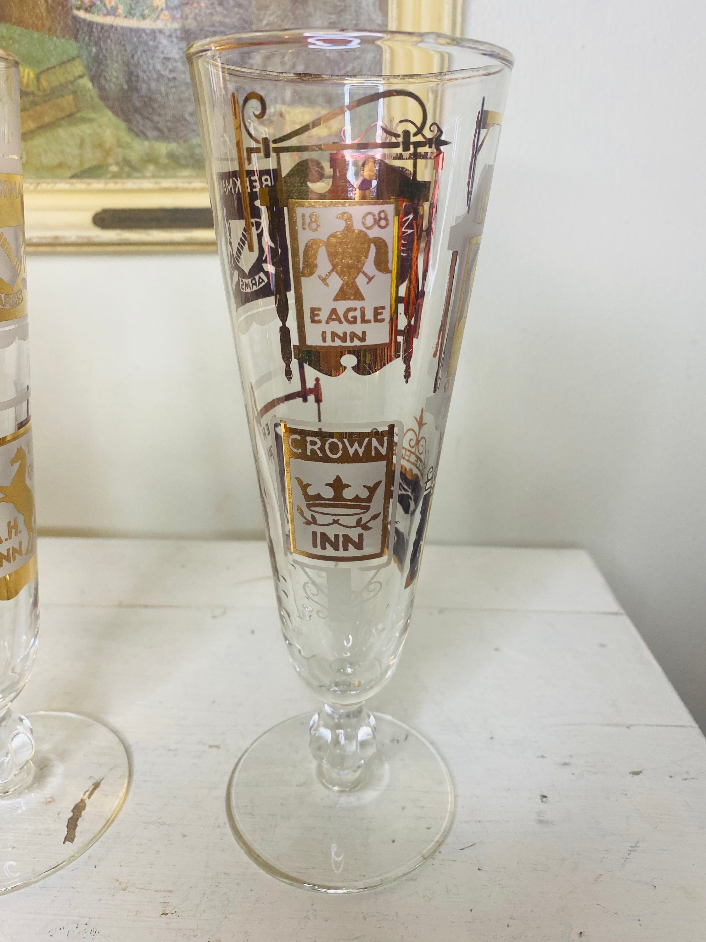 Vintage Pilsner Style Glass/beer Pilsners/bloody Mary Glass/beer Glasses/etched  Pilsner Glass/vintage Bar Glass Set of 2 