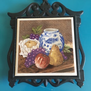 Vintage Trivet, Japanese Jug and Fruit Dedign on Ceramic Tile, Wrought  Iron Base, Made in Japan by Apco