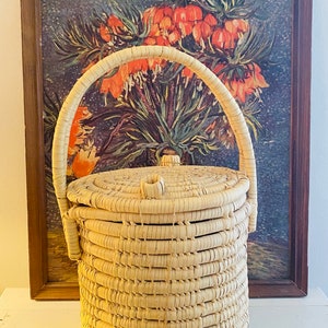 Vintage Braided Basket, Wicker Basket with Lid and Handle