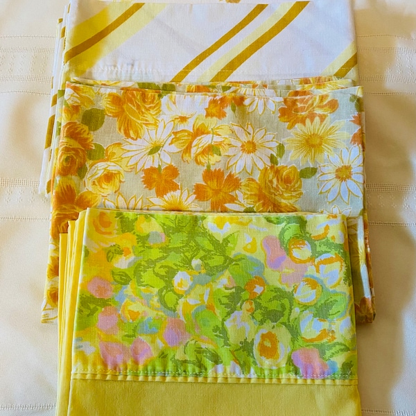 Vintage Pillow Cases, Eclectic Set of Four, Yellow Theme