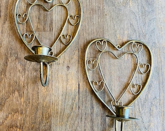 Vintage Gold Plated Candle Sconces Pair, Heart Shape