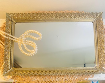 Vintage Vanity Mirror Tray,  Rectangular , Gold Plated Ornate Edging, Stands Up