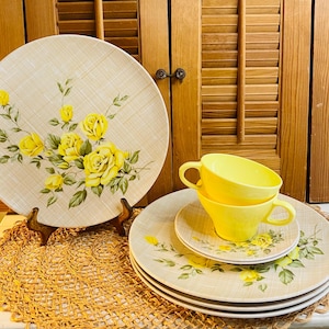 Vintage Melamine  Dish Lot, Texas Ware Yellow Roses,  Plates, Cups, and Saucers, Melmac, 8 pieces