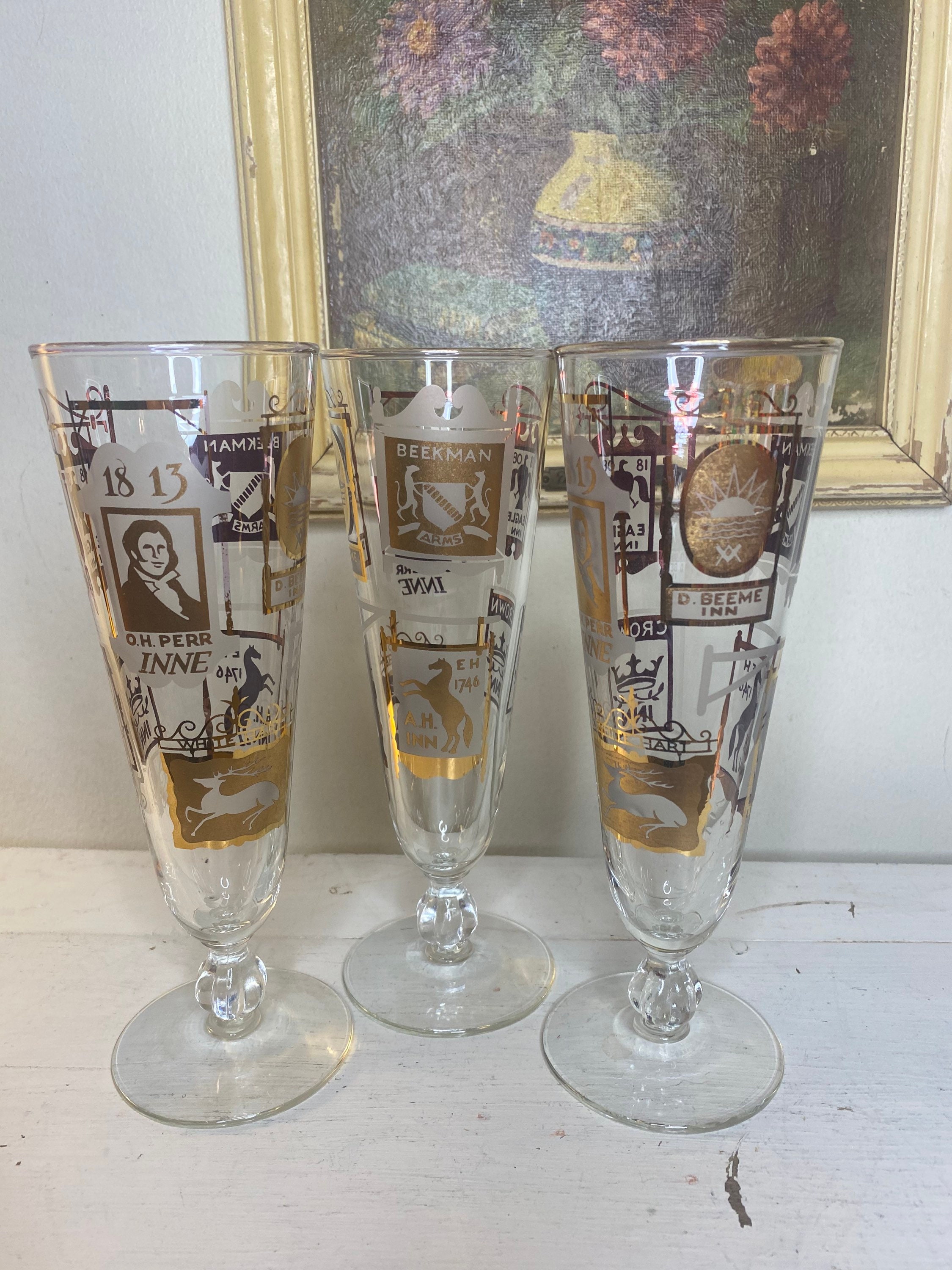 NOS VINTAGE COORS STEMMED BEER GLASSES SET OF 2 12 OZ GOLD RIM