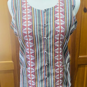 Vintage Vest, Striped Cotton Top, Sleeveless, Pockets