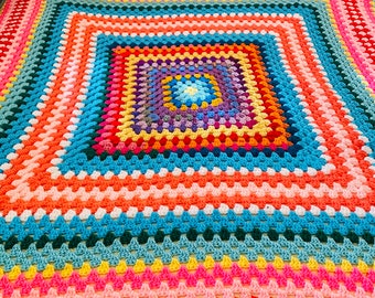 Vintage Afghan, Hand Crocheted Blanket, Multicolored Crochet Throw