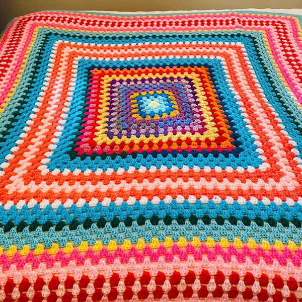 Vintage Afghan, Hand Crocheted Blanket, Multicolored Crochet Throw