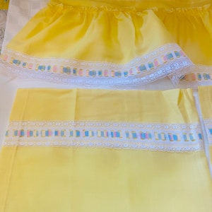Vintage Curtain Panels, Sheer  Draperies, Yellow with Ribbon, with Valance