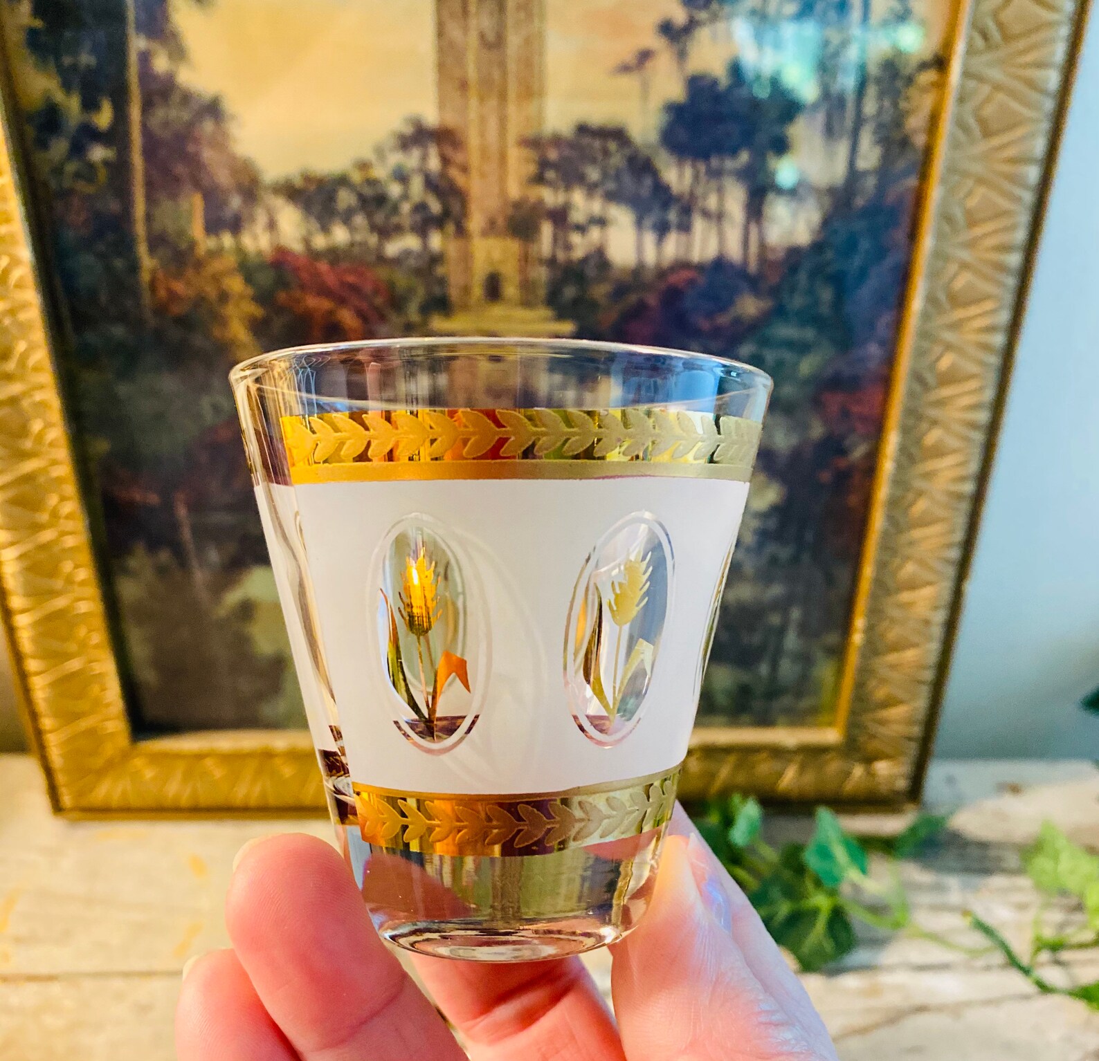 Vintage MCM Double Shot Glasses Gold Leaf Pattern Vintage Etsy