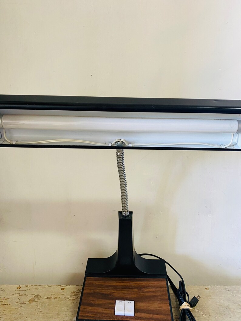 May include: A black and brown desk lamp with a flexible arm and a fluorescent light bulb. The lamp has two switches on the base.