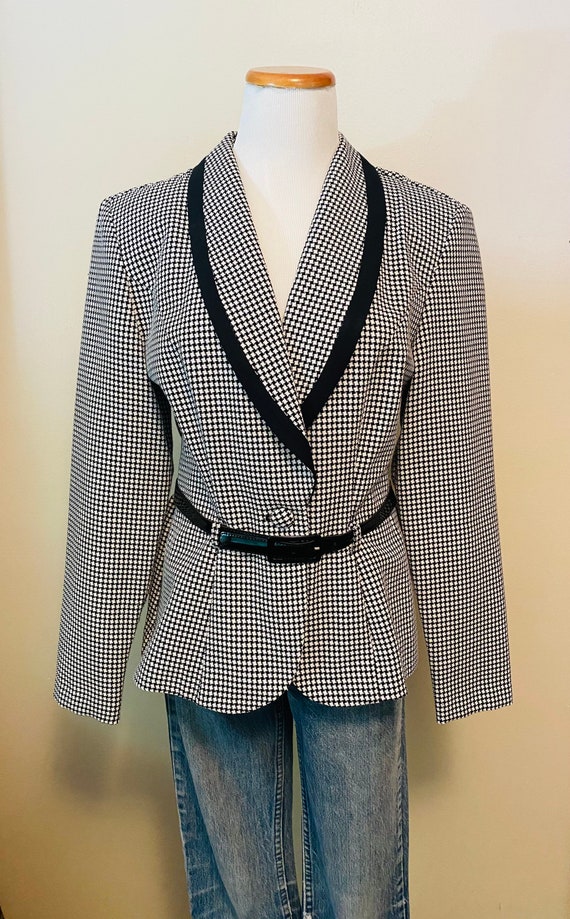 Vintage 80's Panache Houndstooth Blazer, Fitted, Patent Leather