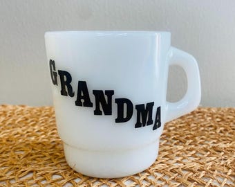 Vintage Grandma  Mug, Termocrisa, Milk Glass, Black Graphics, Grandmother Poem