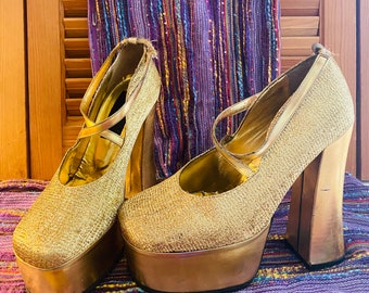 Vintage Platform Shoes, Gold Metallic, 1970's, Italian Made