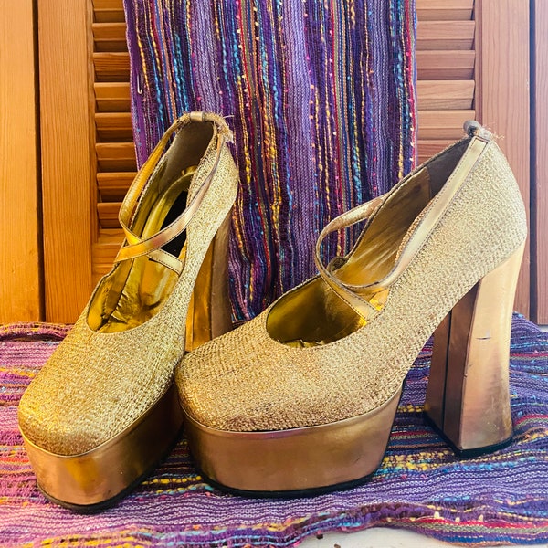 Vintage Platform Shoes, Gold Metallic, 1970’s, Italian Made