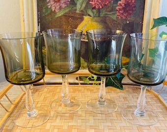 Vintage Smoky Gray Petite Wine Glasses, Smoky Stemware, Set of Four