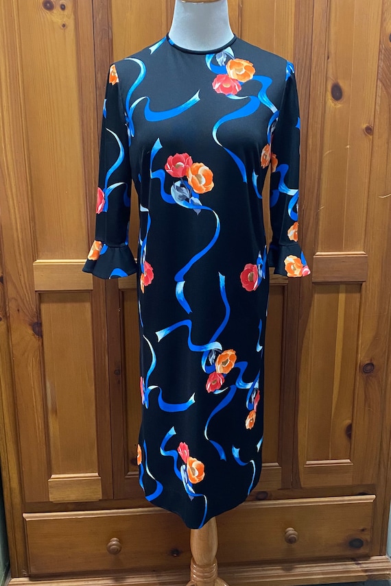 Vintage Dress,  Homemade Polyester, Black with Flo