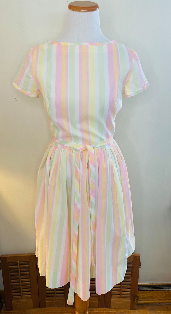Vintage Party Dress, Striped Pastel, Handmade