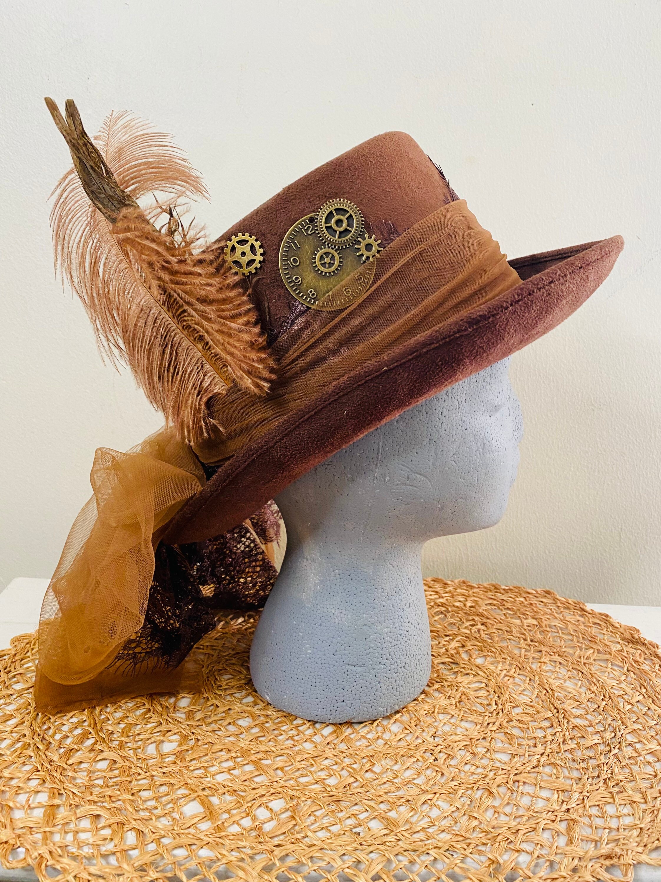 Vintage Top Hat, Brown Suede-like, Decorated, Feathers, Taffeta