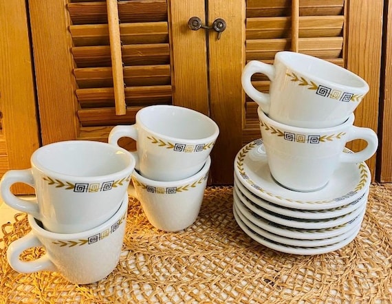 Vintage Diner Cups and Saucers, Shenango, Greek Key Design