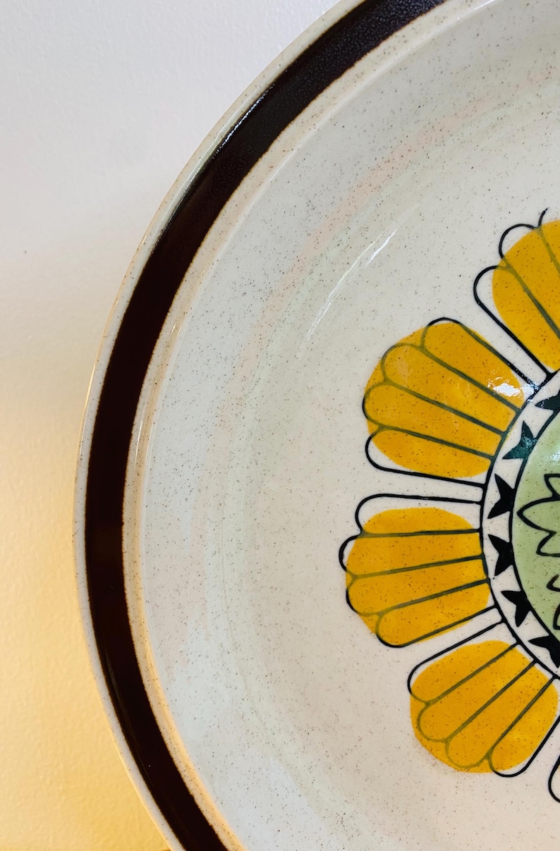 May include: A close-up of a ceramic plate with a floral design. The plate has a cream-coloured speckled background, a brown rim, and a large yellow flower with black outlines. The centre of the flower is green with black accents.