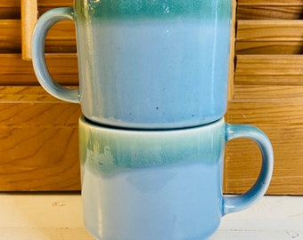 Vintage Stacking Mugs,  Two, Drippy Green over Blue, Made in China