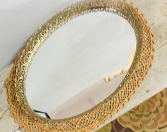 Vintage Vanity Mirror Tray, Large Oval, Gold Plated Ornate Edging