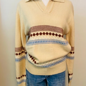 Vintage 1970’s Sweater, Pullover, Cream with Blue/Rust Design, Collar, Anderson Little