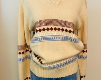 Vintage 1970’s Sweater, Pullover, Cream with Blue/Rust Design, Collar, Anderson Little