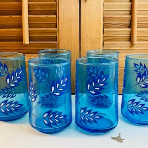 Vintage Libbey Laser Blue Juice Glasses with Leaf Design, Set of Six