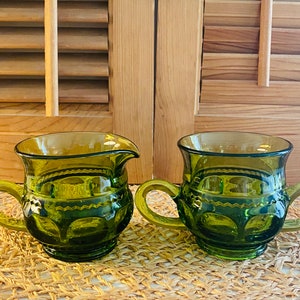 Vintage Indiana Glass Thumbprint Sugar Bowl and Creamer, Green