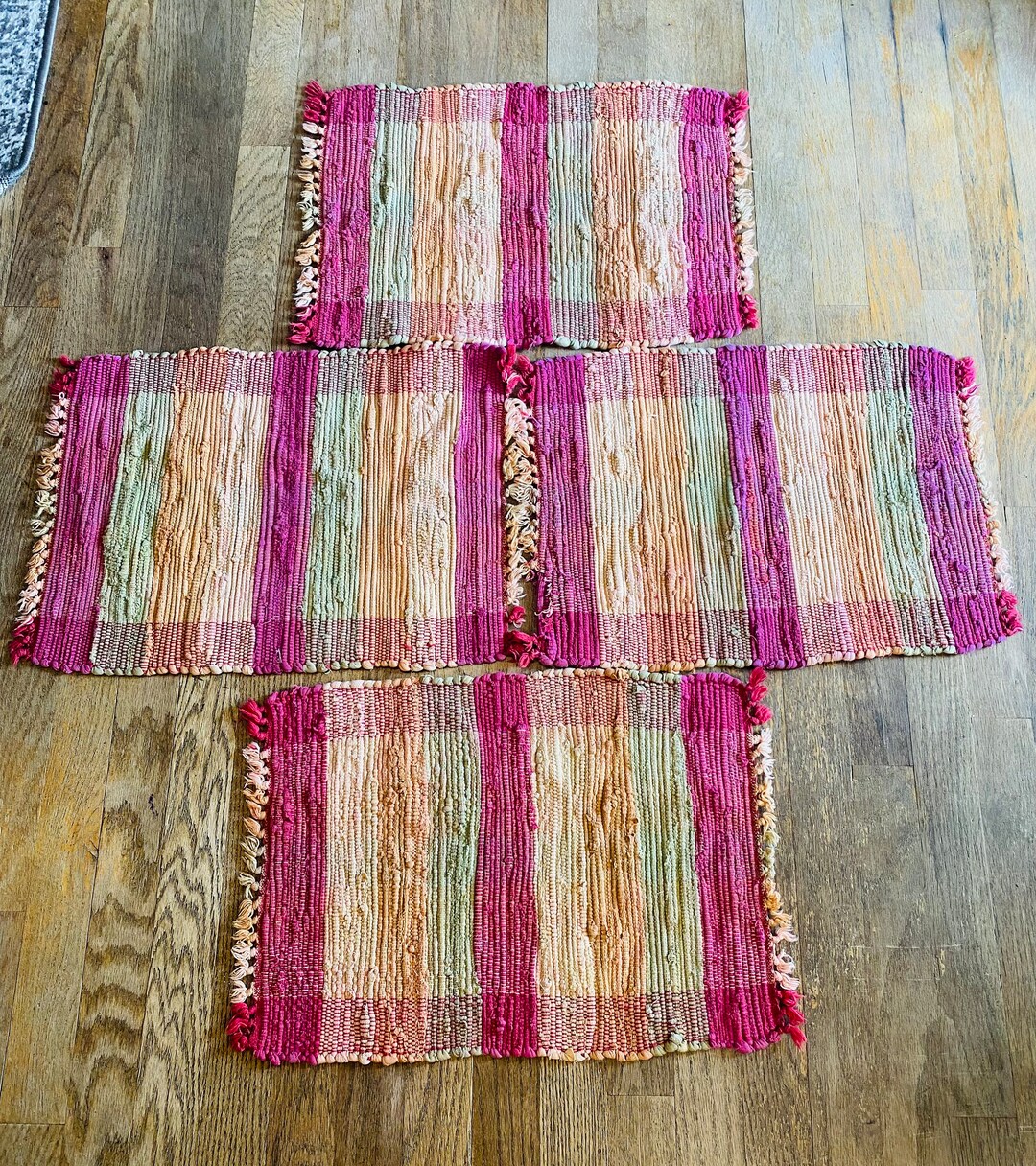 Vintage Rag Rug Placemats, Boho Woven Table Mats, Burgundy, Beige and