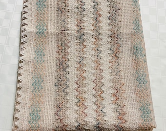 Vintage Curtain Panel, Boho Chevron Design, Woven Fabric, Greens, Browns and Apricot, One Panel, 50” Wide, 62” Long