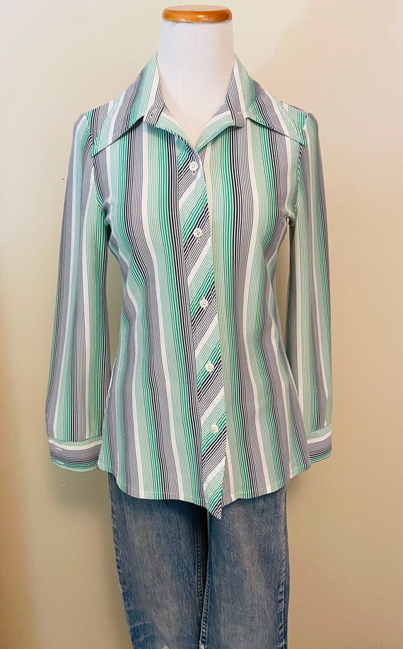 Vintage Blouse, Striped 70’s Wing Collar Women’s … - image 1