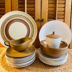 Vintage Melamine Grouping,  White and Chocolate,  24 Piece Eclectic Set