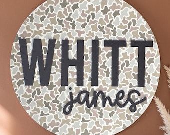 Personalized Camo Nursery Name Sign, 3D Round Hunting Wall Decor for Baby Boy