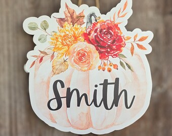 Personalized Floral Pumpkin Door Hanger, Watercolor Family Name Fall Sign, Fall Door Hanger, Scalloped Front Door Decor, Front Door Sign
