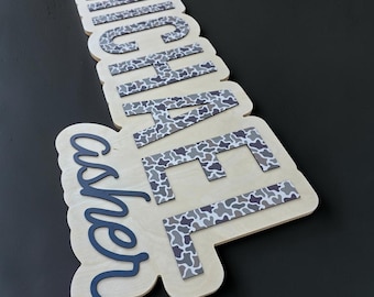 Large wood name sign, nursery name sign,camo name sign, above crib name sign, layered baby name sign, boy name sign, cut out sign