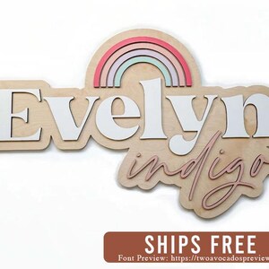 Rainbow name sign, large wood name sign, nursery name sign, rainbow nursery, rainbow baby, above crib sign, layered name sign, cut out sign image 1