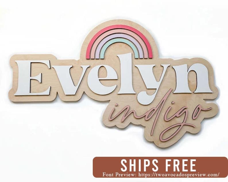 Rainbow name sign, large wood name sign, nursery name sign, rainbow nursery, rainbow baby, above crib sign, layered name sign, cut out sign image 1
