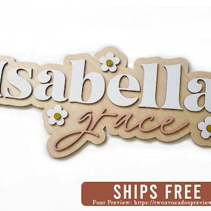 Flower name sign, large wood name sign, nursery name sign, flower nursery, above crib cut out, layered baby name sign, daisy name sign