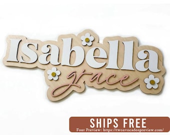 Flower name sign, large wood name sign, nursery name sign, flower nursery, above crib cut out, layered baby name sign, daisy name sign