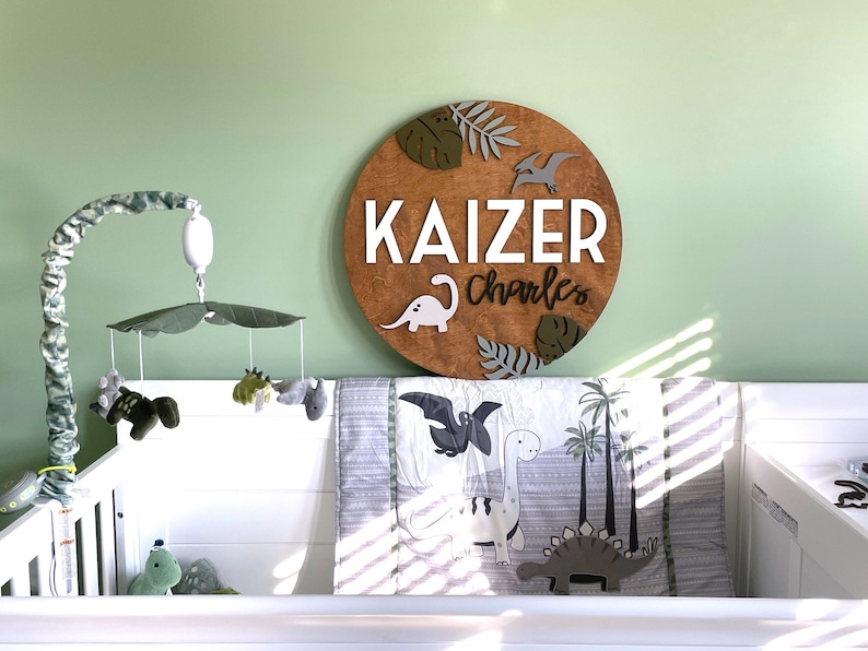 Wall Art | Dinosaur Nursery| round name sign | dinosaur name sign | baby name sign | boy nursery name | Boy name sign image 9