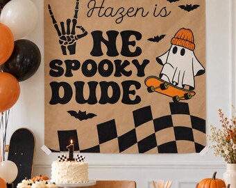 One Spooky Dude First Birthday Banner | Halloween 1st Birthday Party Decor | Ghost Skateboard Birthday | Boys Fall Party Backdrop